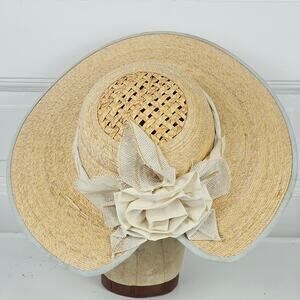 VTG fine woven ladies straw hat vented crown fabric floral trim